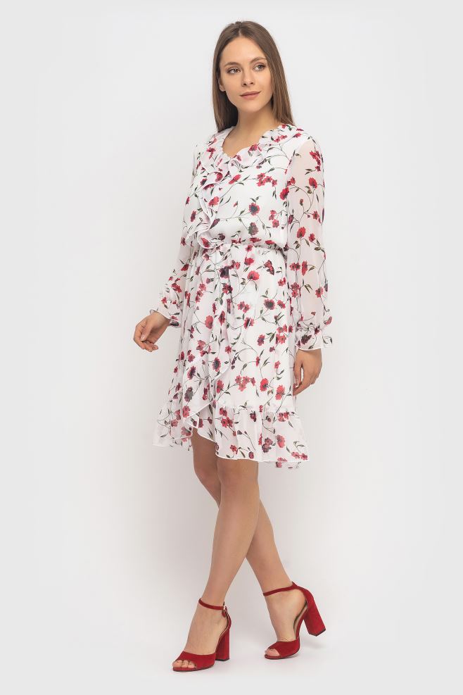 Біла шифонова сукня в червоні квіти міні з воланами