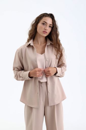 Сорочка оверсайз бежева з костюмної тканини