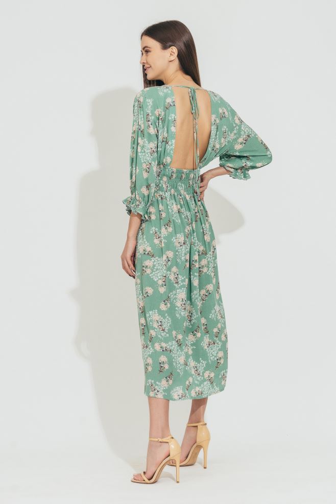 Бірюзова квіткова сукня з відкритою спинкою