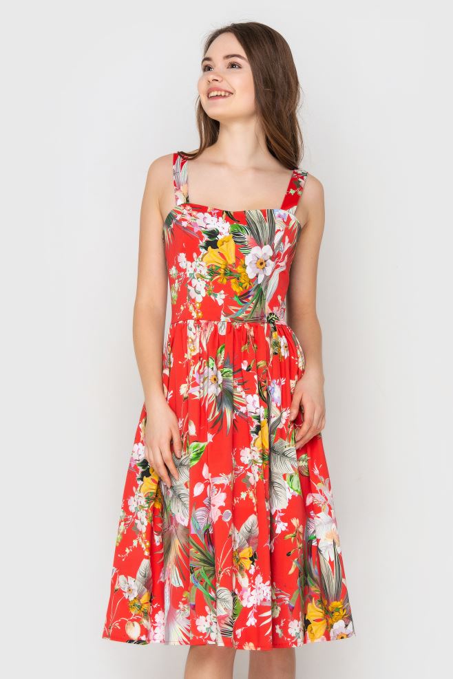 Сукня міді червона у яскраві квіти з італійського котону Limited