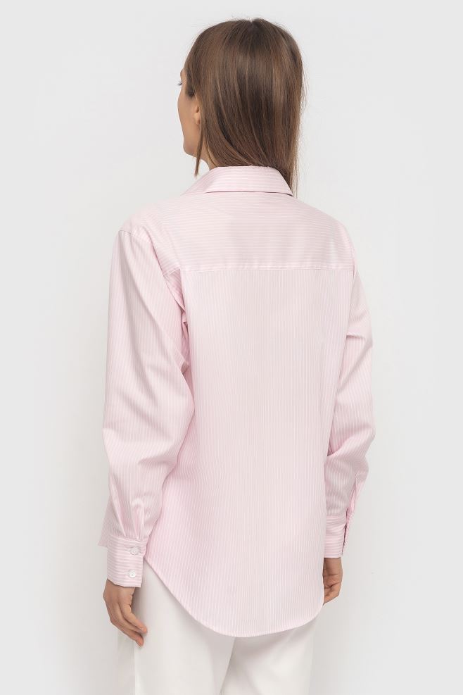 Біла сорочка в рожеву смужку оверсайз з кишеною попереду з італійської бавовни