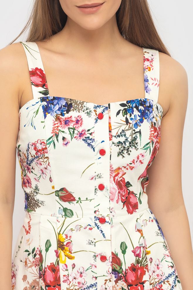 Молочна квіткова сукня міді з гудзиками донизу з італійського котону
