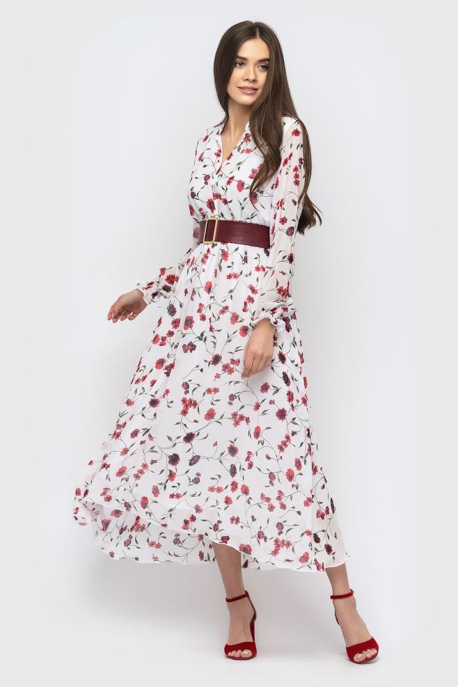 Біла шифонова сукня в червоні квіти з шкіряним паском
