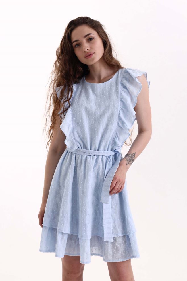 Блакитна сукня з воланами і відкритою спинкою на зав'язках з мереживної бавовни