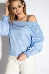 Блакитна блуза у тонку білу смужку з відкритими плечима з італійської бавовни