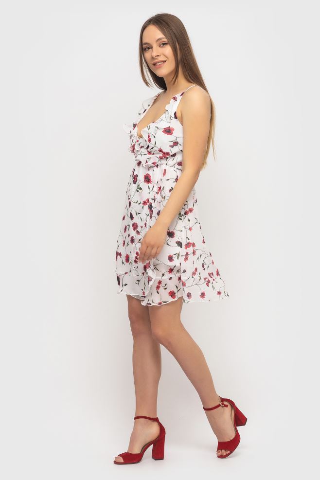 Сукня міні з воланами біла в червоні квіти