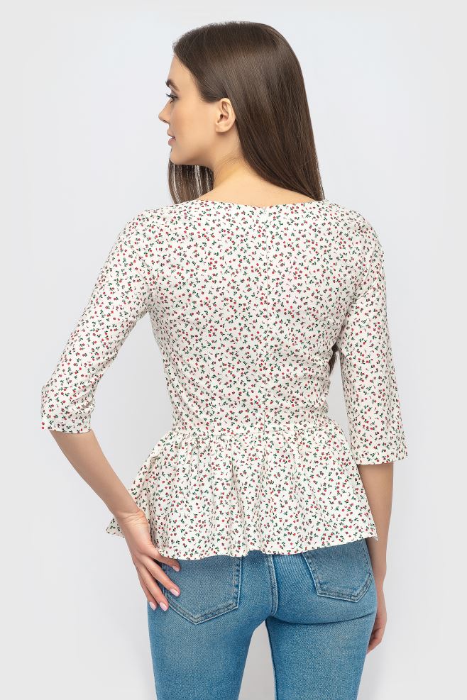 Квіткова блуза з баскою з нависними гудзиками з італійської бавовни