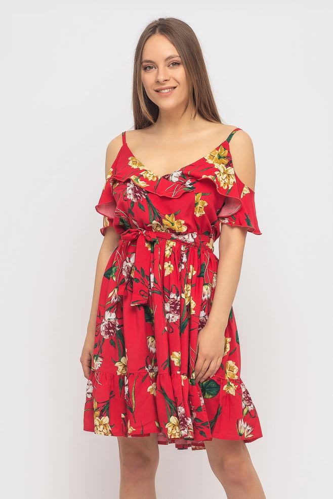 Малинова квіткова сукня з воланами і рюшею понизу