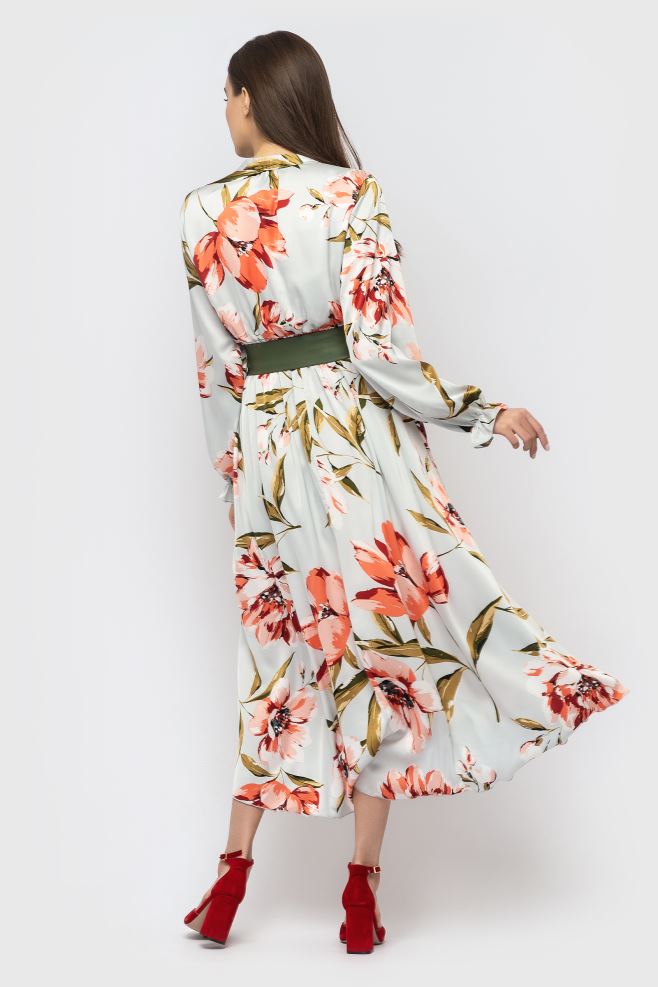 Шовкова сукня у квітковий принт максі з шкіряним паском