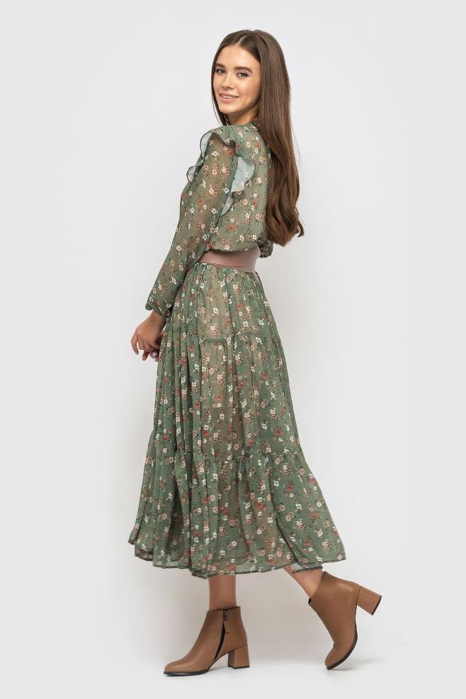 Шифонова сукня міді у квітковий принт з шкіряним паском