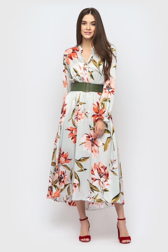 Шовкова сукня у квітковий принт максі з шкіряним паском