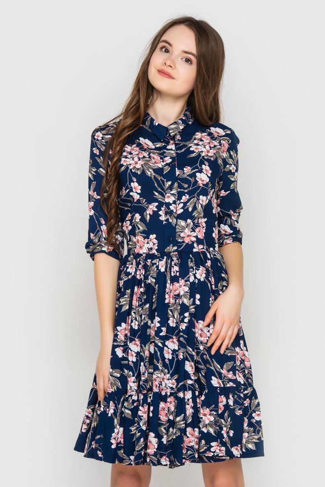 Сукня міні синя у квіти з рюшею понизу