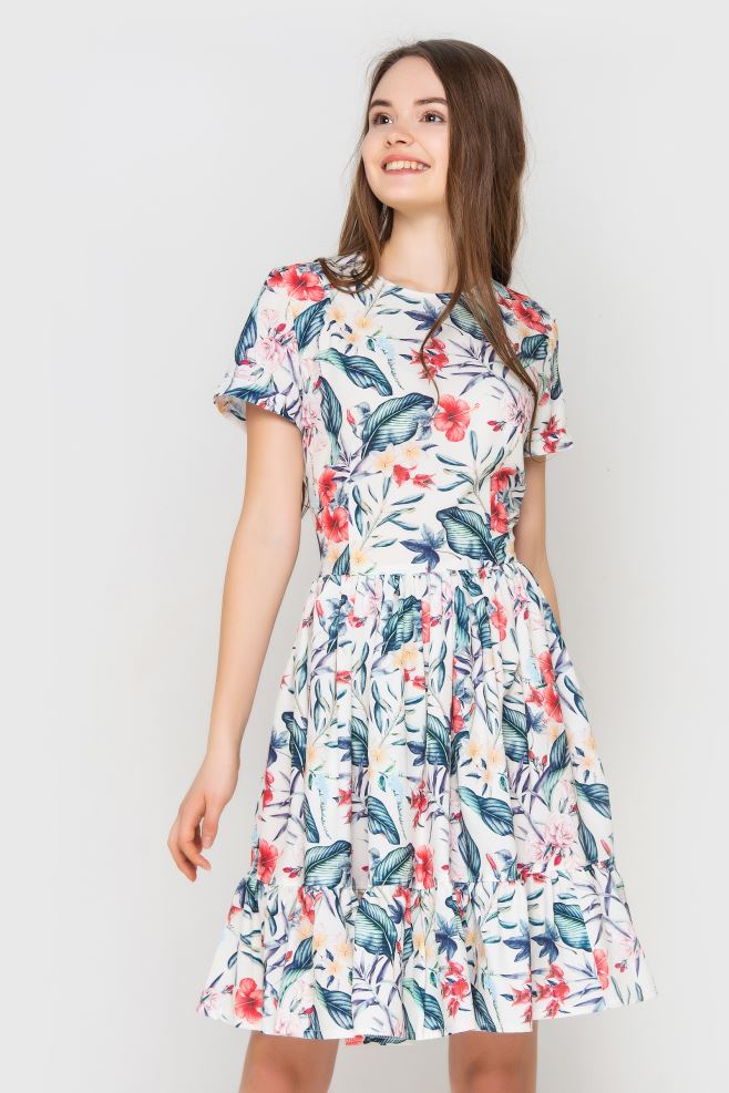 Сукня міні з рюшею принт "листки і квіти"