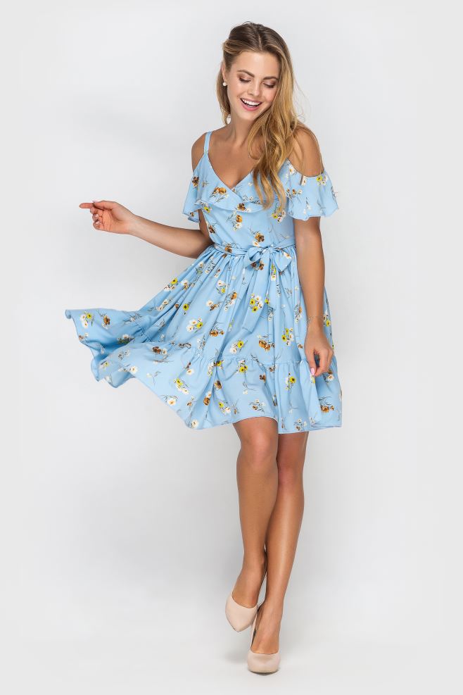 Сукня міні з воланами голуба у квіти