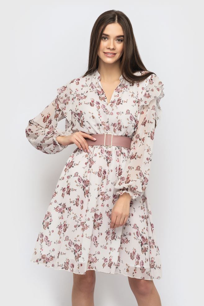 Шифонова сукня в пудрові квіти міні з шкіряним паском